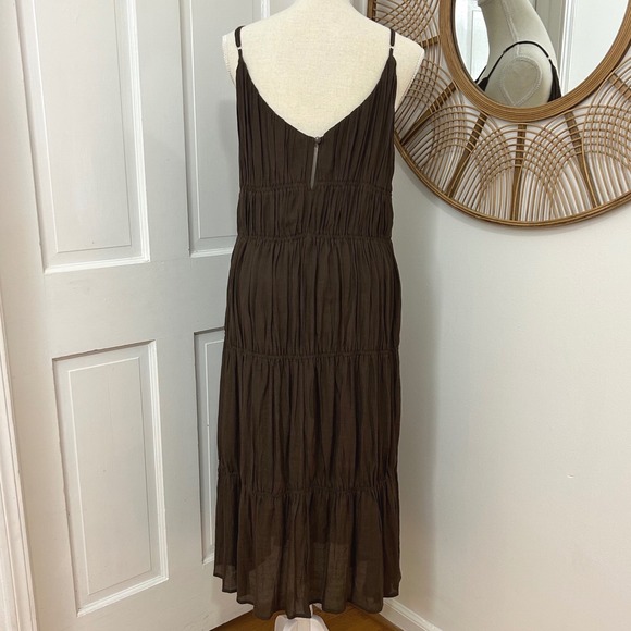 Böhme Gwen Relaxed Tiered Midi Dress Sz M Chocolate Brown Smocked Boho Flowy - Picture 4 of 7